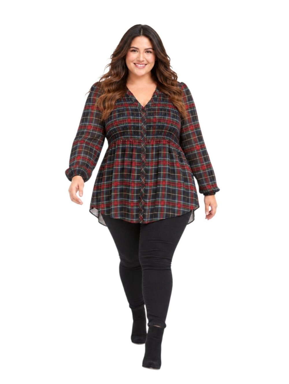 TORRID 2X Tartan Plaid Button-Front V-Neck Smocked Babydoll Hi-Lo Tunic NWT
